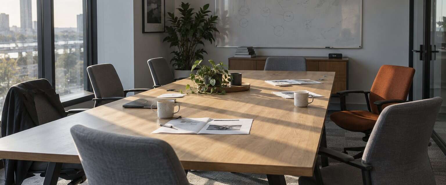 Bright conference room with a long meeting table